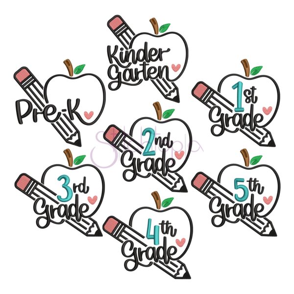 School Grades Apple Embroidery Design Set